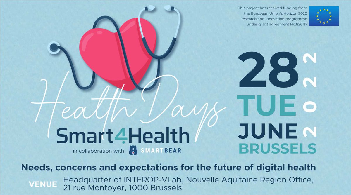 HPI_health's tweet photo. #Smart4Health #Health #Day on the 28th of June 2022 in #Brussels. #HPI_health Smart4Health and Smart Bear go deep into their developments and work together to implement a cross-project pilot to provide increased value to their participants.
https://t.co/h43Tf1iUBM https://t.co/rGl6ttmufT