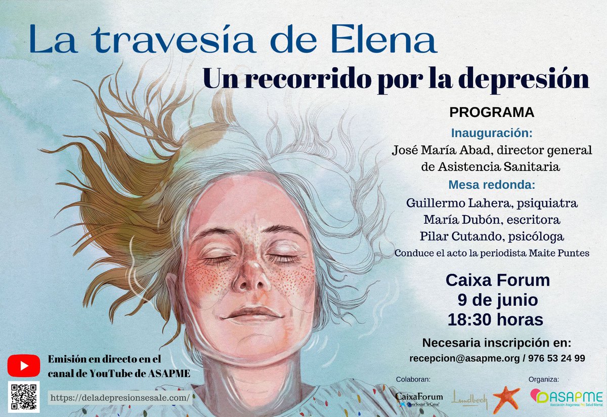 ASAPMEAragon's tweet photo. 📆9 de junio
⏰️18:30
🔺️ @CaixaForumZgZ  📢 "El viaje de Elena", explorará el recorrido de Elena para afrontar y superar una #depresión recogiendo la experiencia de más de 500 personas afectadas en una serie de vídeos patrocinados por @LundbeckES
¡Te esperamos!
✍️976532499 https://t.co/4i0IuLVjIb