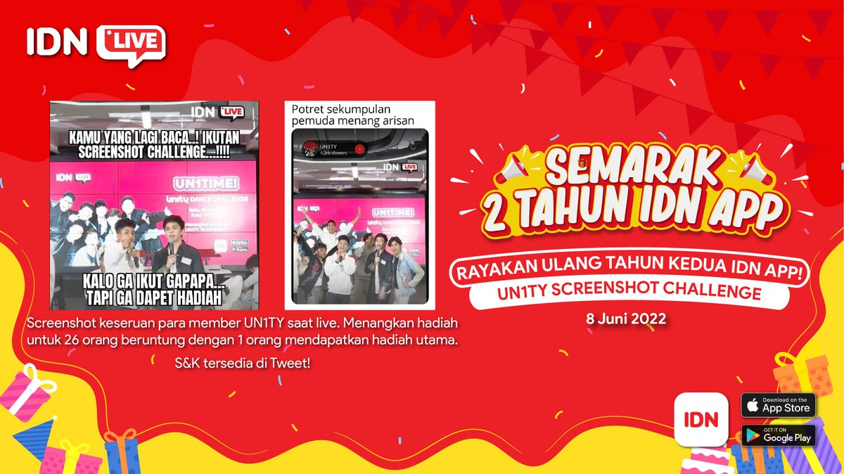 idn_app's tweet photo. Siapa yang kuenya paling bagus?

Ikutin keseruan @UN1TY_Official menghias bento cake spesial #Semarak2TahunIDNApp. Tonton UN1TIME!, Rabu, 8 Juni 2022 pukul 19.00 WIB, LIVE hanya di IDN Live!

Download IDN App: https://t.co/7LUb73RXPD
#SeruBarengIDNLive 
#UN1TIMEIDNLive https://t.co/NkGw3xRsV7