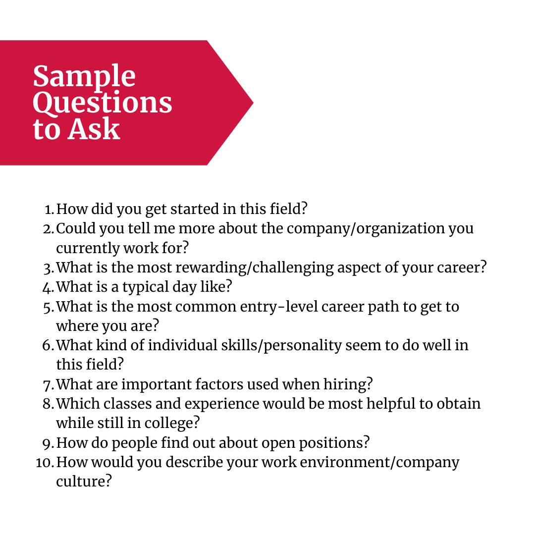 UGACareerCenter's tweet image. Whether you&apos;re about to start your summer internship or you don&apos;t have an internship secured, #InformationalInterviews are powerful! Here&apos;s some sample questions to consider asking new colleagues, alumni, family friends, and more! 💬 #uga