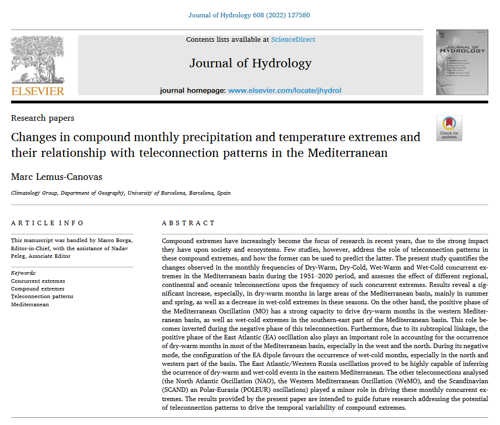 New paper published during the last month👇

📑In J. of Hydrology about the relationship between compound monthly temperature and precipitation extremes and teleconnection patterns in the Mediterranean basin. 🌨️☀️

🧵 (1/n)

sciencedirect.com/science/articl…