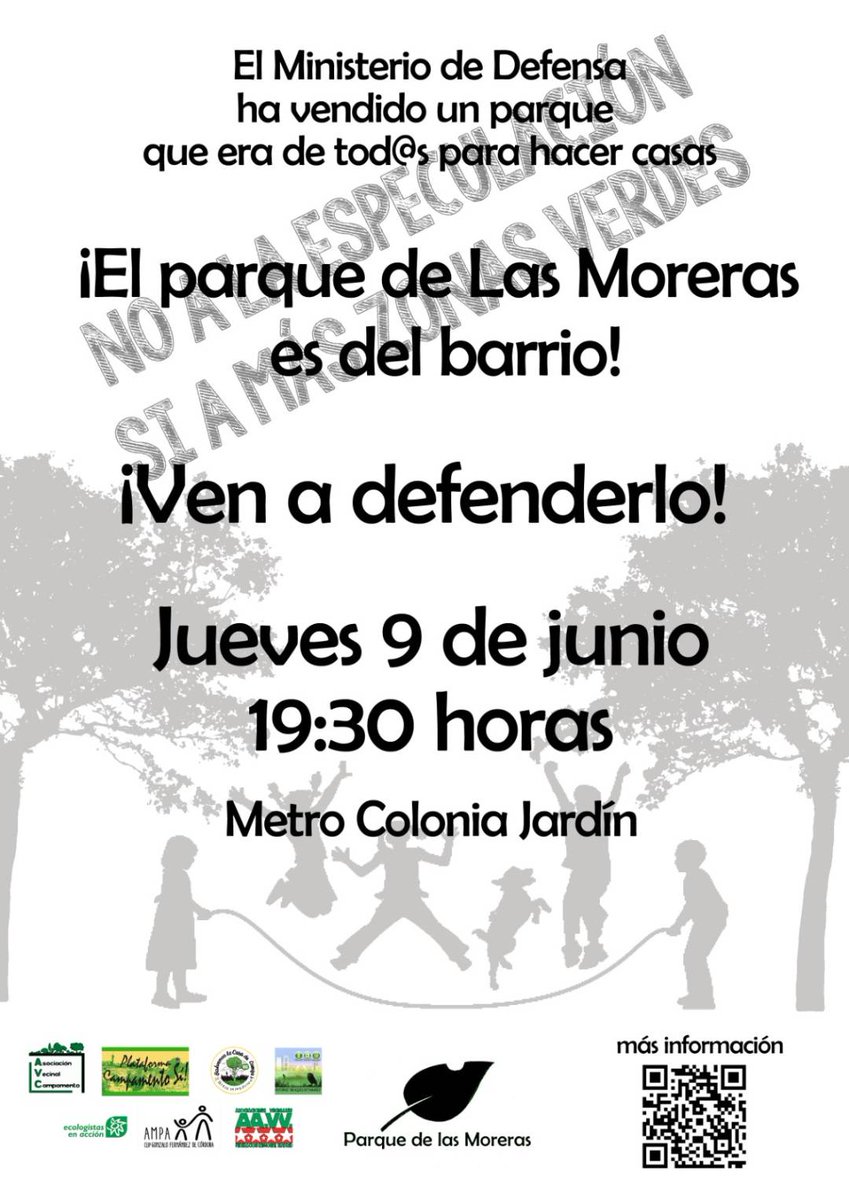 campamento_si's tweet photo. COMUNICADO DE PRENSA POR LA VENTA DEL PARQUE DE LAS MORERAS. Acude el jueves, 9 de junio, a las 19:30 h a defendero. Metro Colonia Jardín.
https://t.co/bR0I8PtYk3 https://t.co/0Q1ejt0hi4