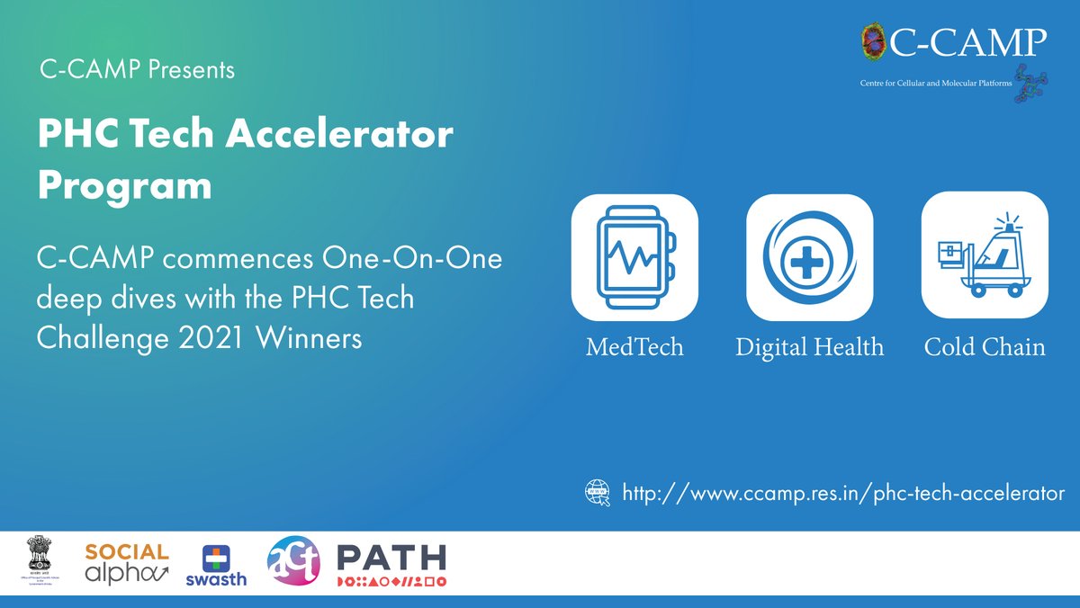 CCAMP_India's tweet photo. CCAMP #PHCTech Accelerator program commences with @PATHtweets PHC Tech Challenge winning innovations!
Helping them in realizing their potential to improve primary healthcare in India & beyond
#Medtech #ColdChain #DigitalHealth
@PrinSciAdvOff @SocialAlphaIN @swasthorg @actgrants https://t.co/Hx9DKvMtG7