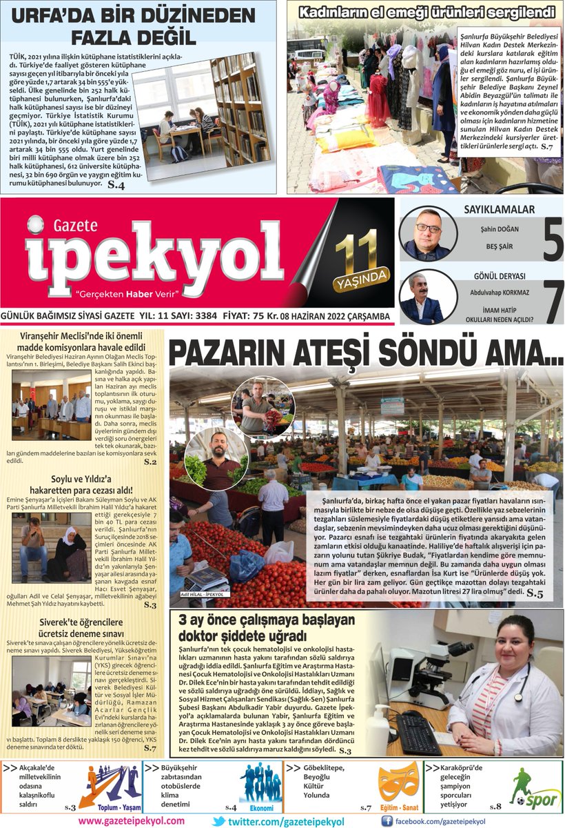gazeteipekyol's tweet photo. 📌#PAZARIN ATEŞİ SÖNDÜ AMA…
📌3 AY ÖNCE ÇALIŞMAYA BAŞLAYAN #DOKTOR #ŞİDDETE UĞRADI
📌#KADINLARIN #EL EMEĞİ ÜRÜNLERİ SERGİLENDİ
📌VİRANŞEHİR #MECLİSİ’NDE İKİ ÖNEMLİ #MADDE KOMİSYONLARA HAVALE EDİLDİ
📌#SOYLU VE YILDIZ’A HAKARETTEN #PARA #CEZASI ALDI! https://t.co/3W4Q0MQZju