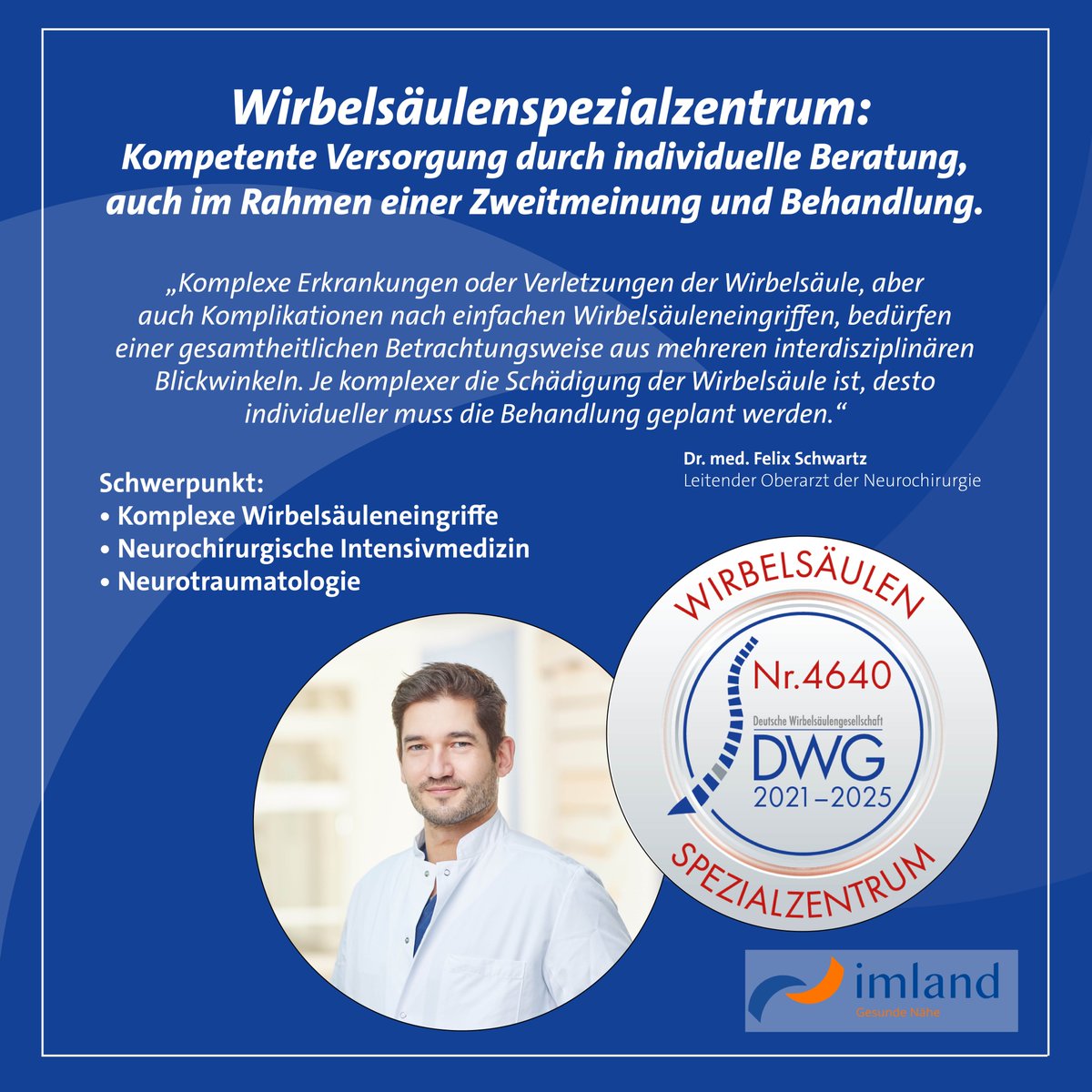 Prof. Dr. Andreas Stark bietet mit seinem sechsköpfigen ärztlichen Team 👩‍⚕️🧑‍⚕👨‍⚕️des Wirbelsäulenspezialzentrums in den Ambulanzen der imland Klinik an beiden Klinikstandorten auch Wirbelsäulen- und Schmerzsprechstunden an. Die Anmeldung dazu erfolgt telefonisch unter RD 200-4501