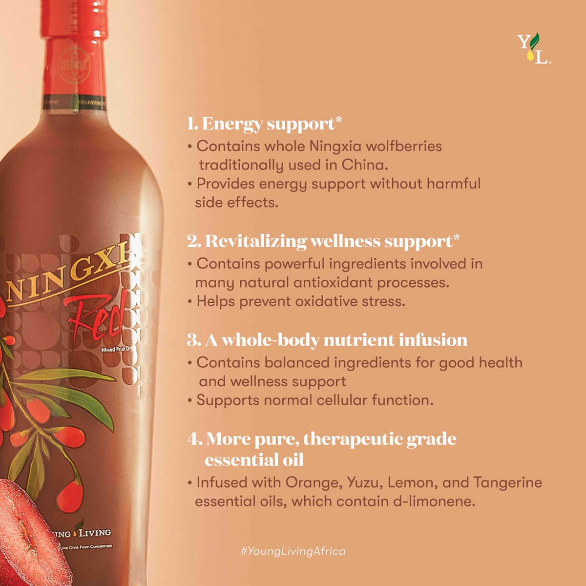 YoungLivingAF's tweet photo. #YLCleanLiving 🍃 isn't just about the products we use outside of our body, it is also about the ones we use inside our body. Enter #NingxiaRed ❤️ – a whole-body nutrient infusion!
SWIPE LEFT⬅️ to learn more! #YoungLivingAfrica
Shop now📲 https://t.co/rFo9LxSRDk T&Cs Apply! https://t.co/bvgDBbKaNc