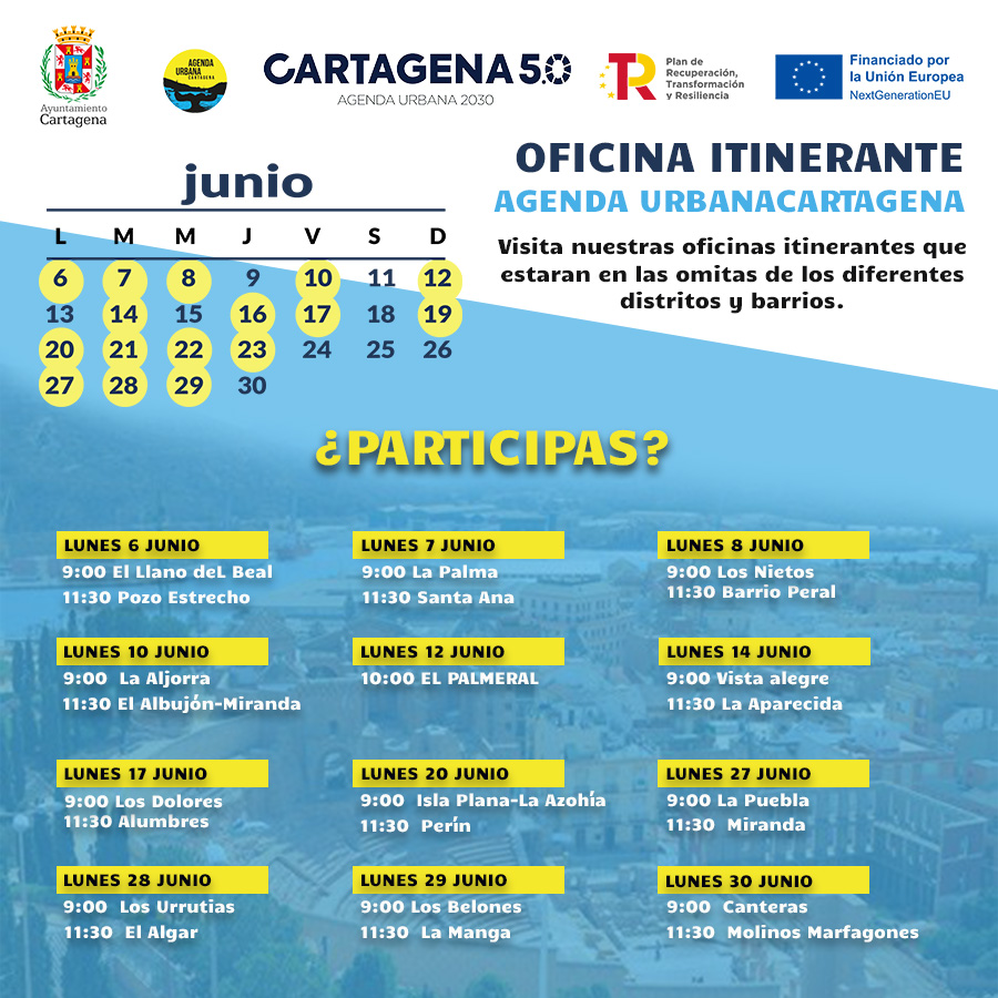 Nuestra oficina itinerante viaja a los diferentes barrios y distritos de nuestro municipio. Visítanos y podrás conocer más sobre la #agendaurbana y compartir tus propuestas para mejorar Cartagena.👇 seguro que algún día estamos cerca!