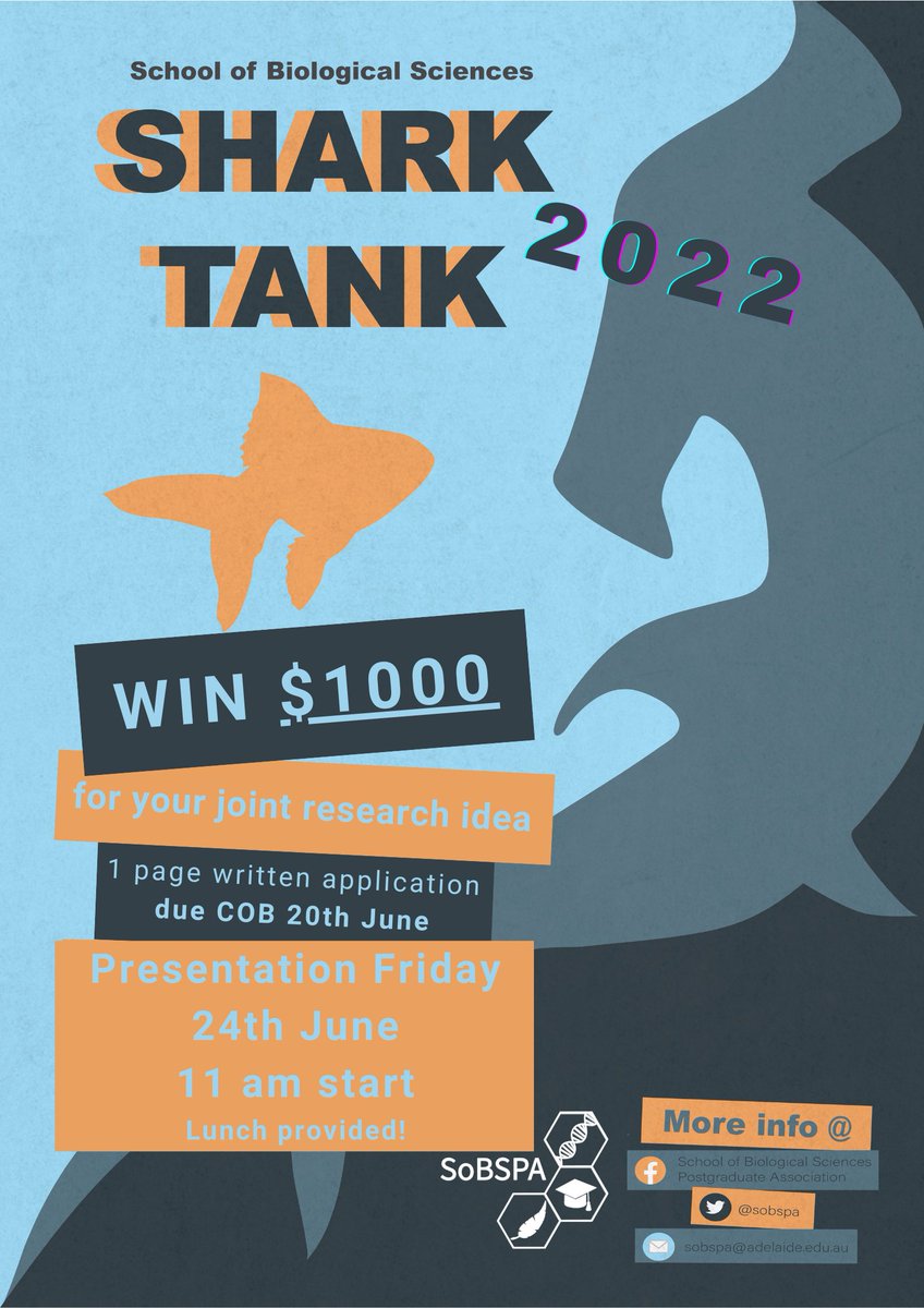 SoBSPA's grant scheme is running again this year! If you are an Adelaide Uni Biology postgraduate student, apply by COB June 20th, for a chance to win $1000 for your project. Collaboration between the two departments or between different labs is highly encouraged! Good luck!