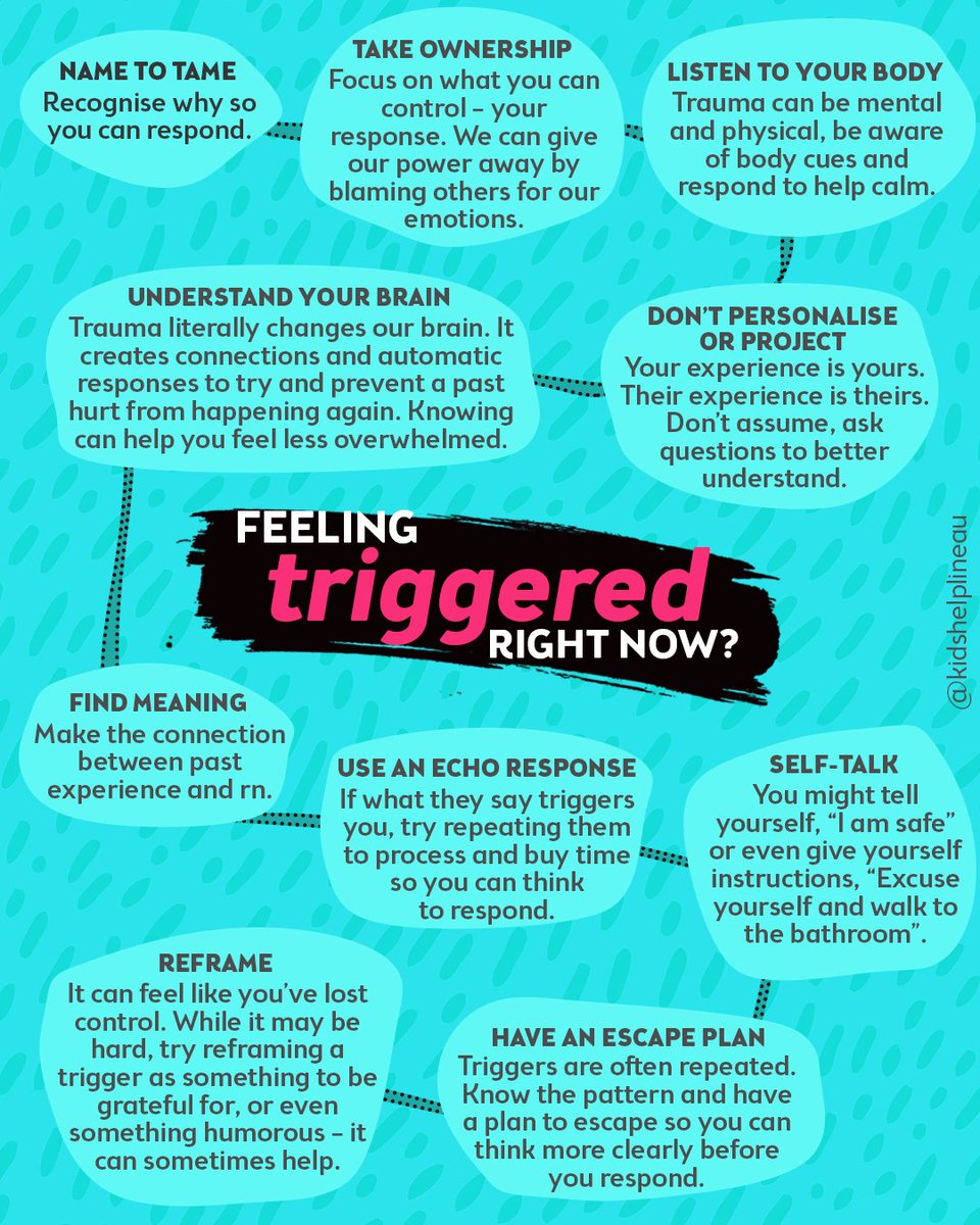 KidsHelplineAU's tweet photo. Feeling triggered can be different for everyone. Doing a few things like tuning in with your body, engaging in some self talk and reframing, can help us to deal with our triggers ๐โโ๏ธ
#KidsHelplineAU #Triggers #MentalHealth https://t.co/leIG1fxeq0