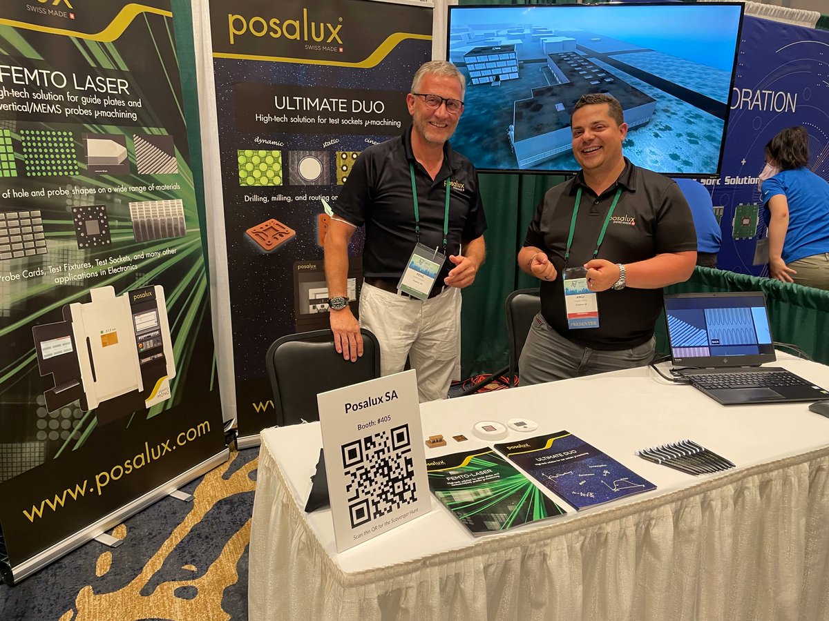 Posalux's tweet image. #SWTest last day 🏁
Last chance to come say hello at our booth #405 at the Omni La Costa in Carlsbad, USA &amp;amp; discuss what we could achieve together with our #FEMTOLasermicromachining technology ⚡

#testsocket #probecards #testequipment #micromachining #microdrilling #microrouting