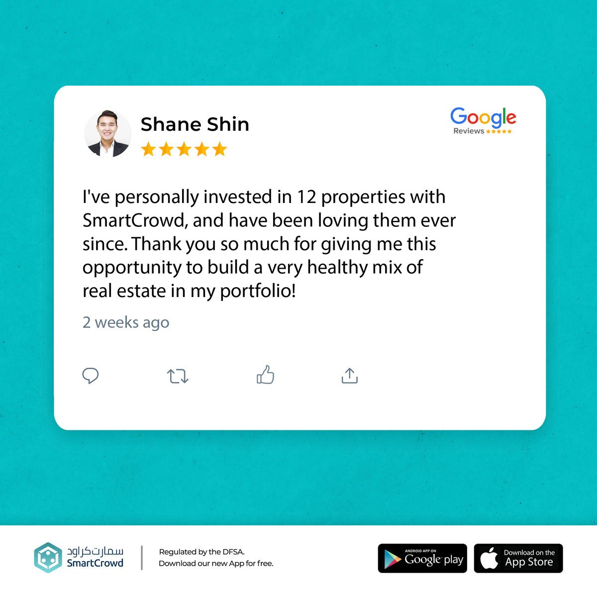 SmartCrowdAE's tweet photo. People like Shane make us feel like real winners.🏆
If you're an investor and would like to help us improve your experience on our platform, please take a minute to share your review with us on Google. 🙌
#ClientReview #Testimonial #SmartCrowd https://t.co/d3lxRbZhMS