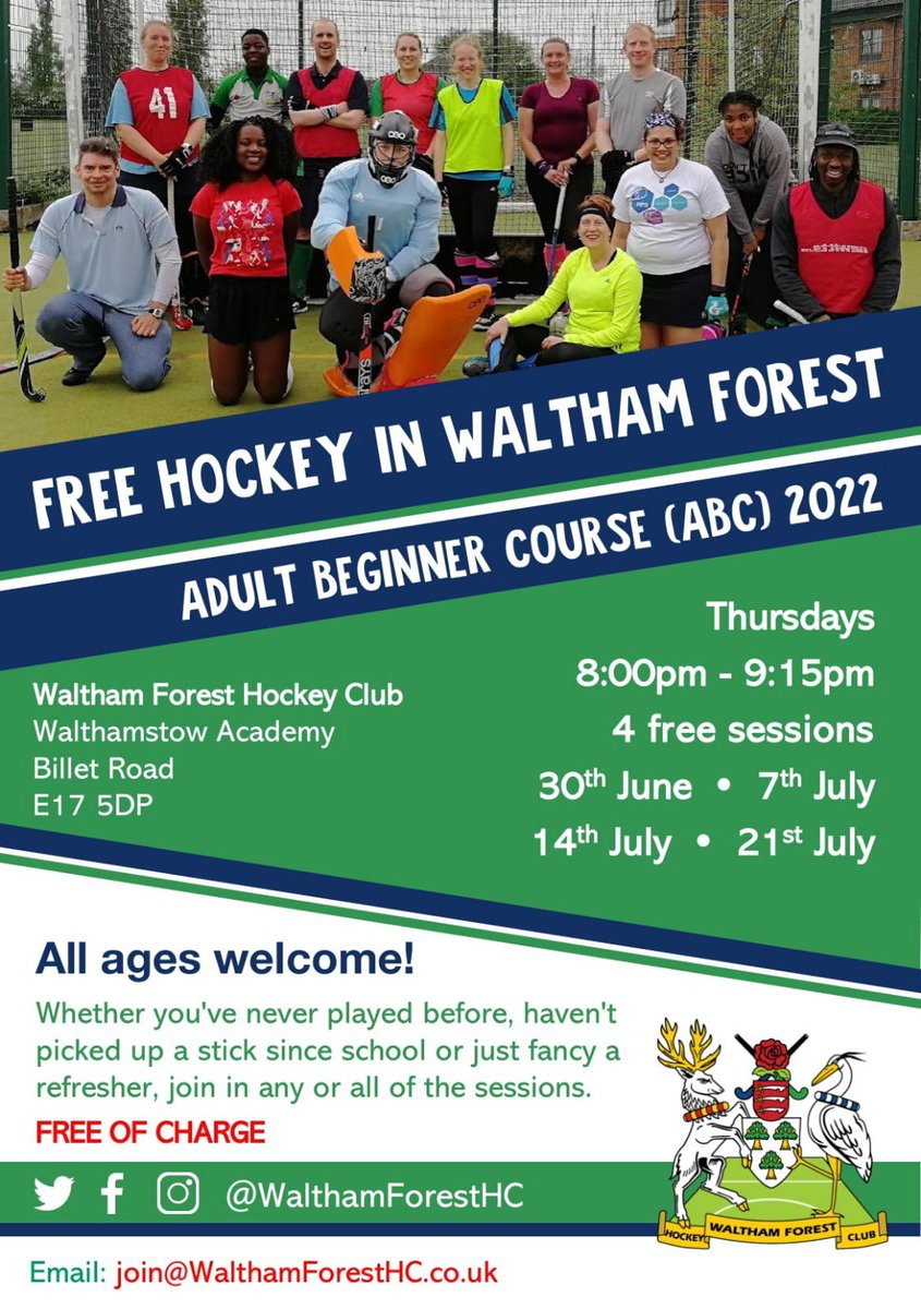 WalthamForestHC's tweet photo. Our FREE adult taster course is back this summer. Come & have a go in a supportive & fun environment. All welcome! June 30, July 7, 14, 21 ๐๐ #WFHC #hockey #getintosport #E17 https://t.co/0EjMYFwtk3