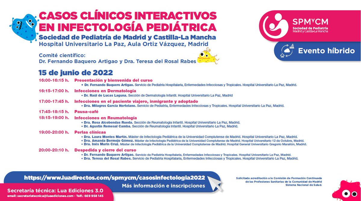 seipweb's tweet photo. CASOS CLÍNICOS INTERACTIVOS EN INFECTOLOGÍA PEDIÁTRICA
de la @spmycm en Hospital Universitario La Paz y online. 15 de junio de 2022. 16:00- 20:30. Moderado por @FArtigao y @Tere_dR Más info aquí. 
https://t.co/FvD304xFI6 https://t.co/Sgv20TIwdm