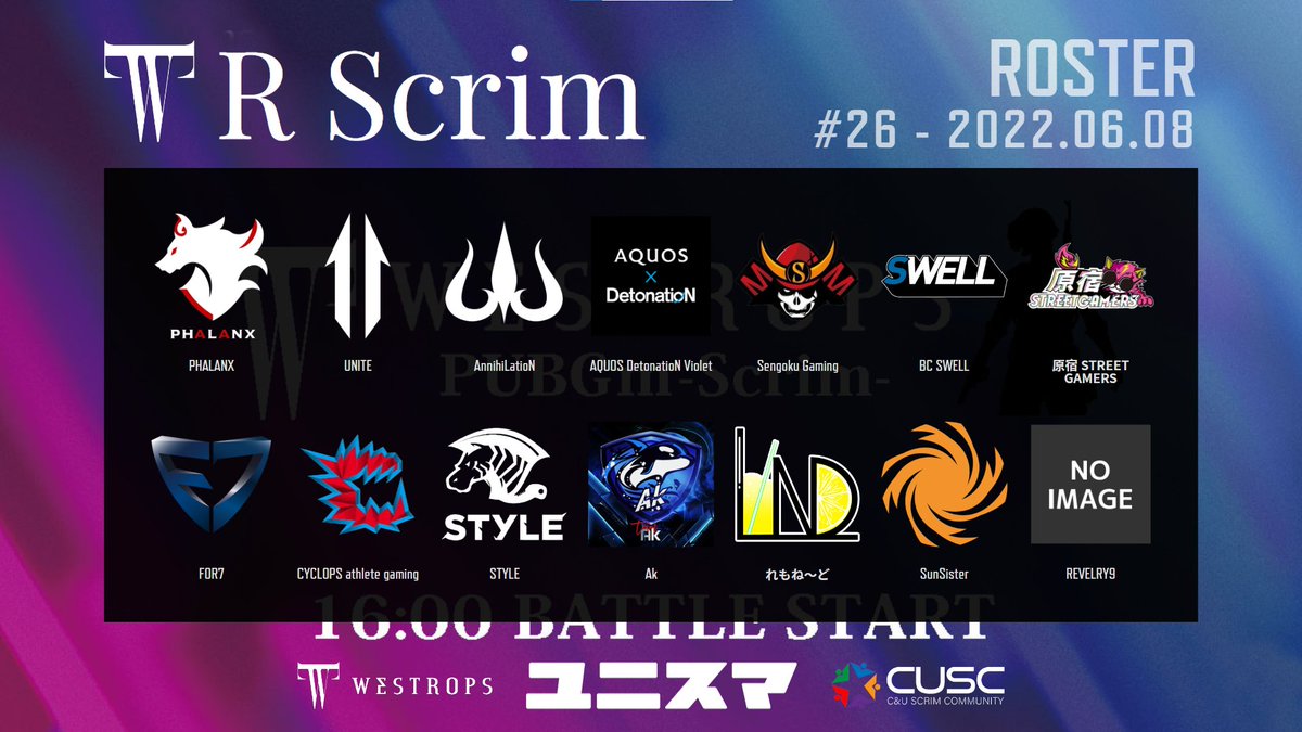 westrops_jp's tweet photo. 2022-06-08
WRScrim #26 ROSTER

16:00~ 4戦 START-----------------

#WRScrim #ユニスマ https://t.co/B3F5ytmgVS