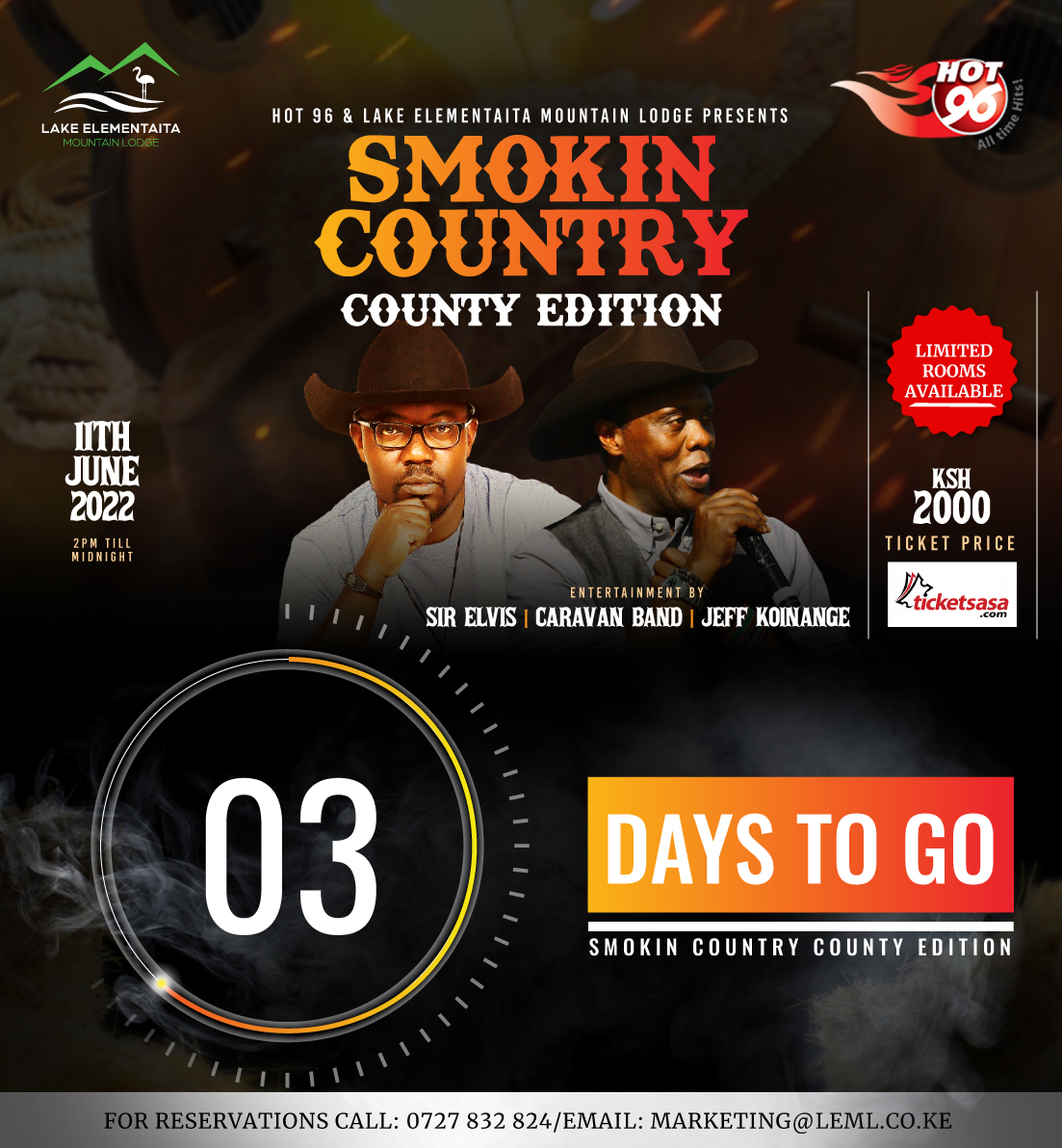 LEMLodge's tweet photo. 3 Days to go!

Have you booked your ticket? If not, grab your tickets on TicketSasa by clicking on the link below
https://t.co/LRzbeXSvby
 
For inquiries email us at marketing@leml.co.ke or call 0727832824

#SmokinCountryCountyEdition
#LakeElementaitaMountainLodge #EventsInNakuru https://t.co/aN0IWQAqGs