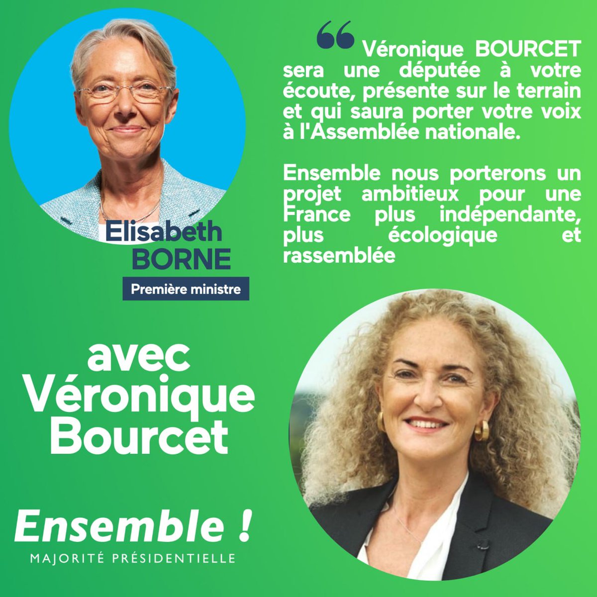 VBourcet2022's tweet photo. Je remercie madame @Elisabeth_Borne, notre Première Ministre, pour son soutien et sa confiance. Une fois élue, je me ferai forte d'être une députée utile, engagée, une députée de terrain et je porterai la voix de notre territoire à l’assemblée avec conviction et détermination. https://t.co/7Rbl8IyTTy