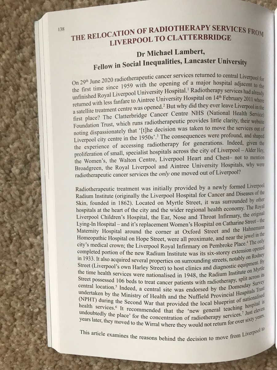 GrandCamouflage's tweet photo. Why did radiotherapy services move from Liverpool to @CCCNHS in the 1950s?

My contribution in the 2022 edition of Liverpool History.

I suggest the answer can tell us a lot about our understanding of the NHS and it’s complex relationships. https://t.co/Cr80uXlNjV