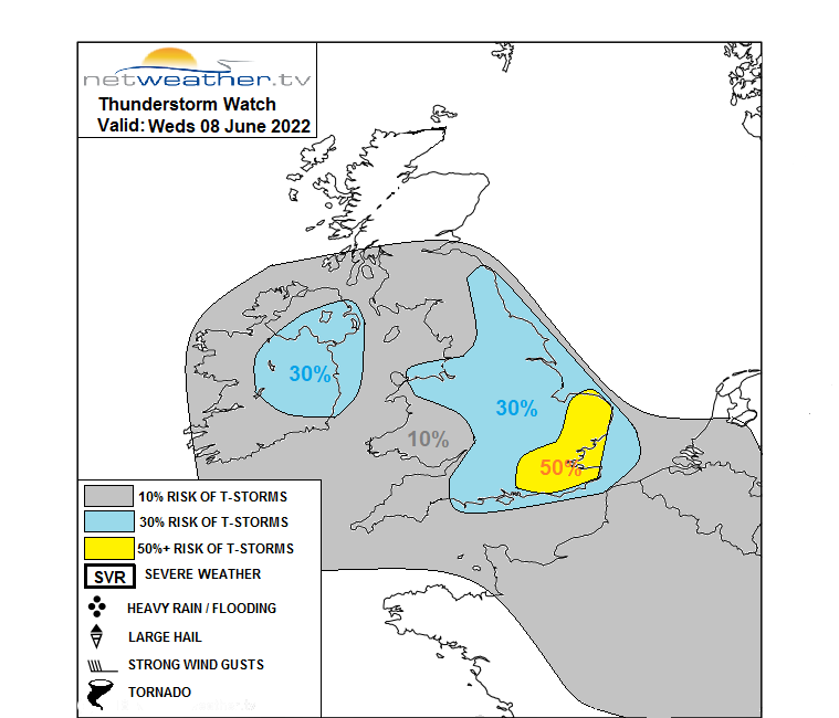 NickJF75's tweet photo. THUNDERSTORM WATCH - WEDS 08 JUNE 2022

Scattered heavy showers &amp; #thunderstorms will develop widely today. Stronger storms bringing hail, localised flooding, gusty winds possible towards SE and E Anglia.

Forecast from 
@Netweather

https://t.co/Jdi4g9DeSe https://t.co/ZeofVrE228