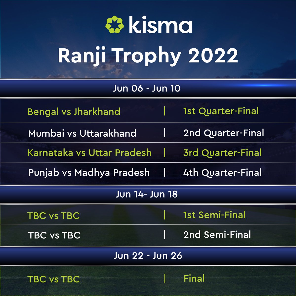 KismaWorldwide's tweet photo. Are you enjoying Ranji Trophy?

#ranjitrophy #cricket  #indiancricket https://t.co/nDvc0V68Mb