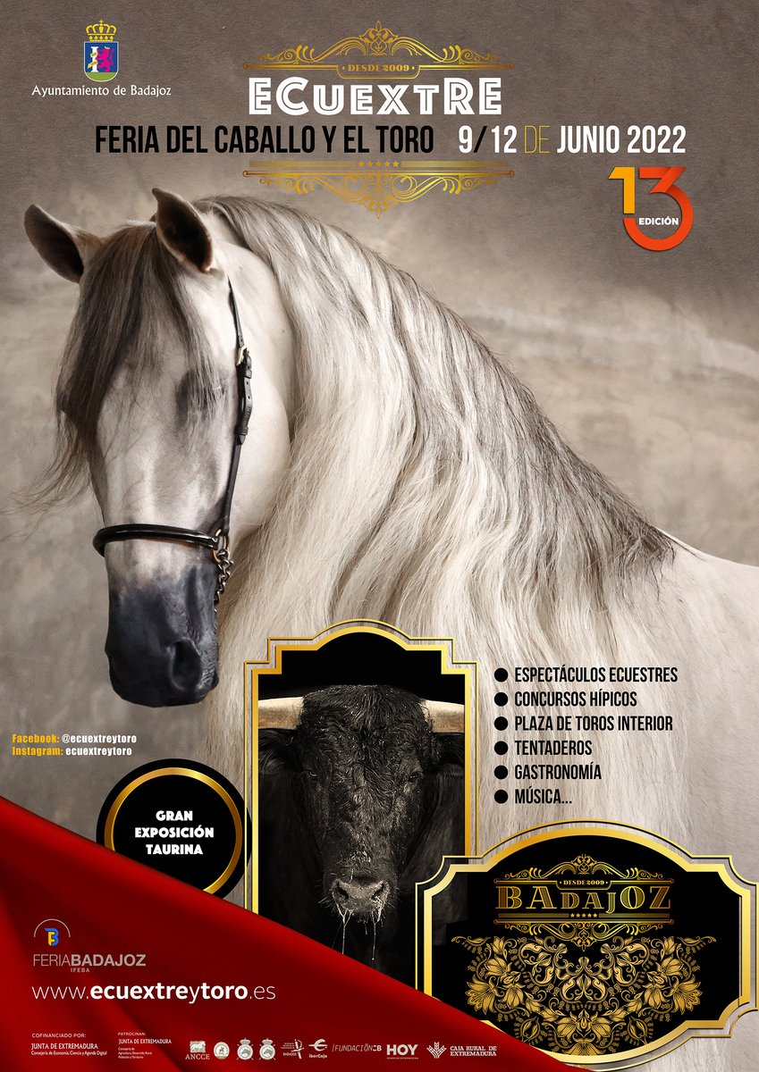 aytodebadajoz's tweet photo. 🏇🐂 Mañana se inaugura la 13ª edición de #ECUEXTRE, Feria del Caballo y el Toro que se celebrará del 9 al 12 de junio en #IFEBA.

#ECUEXTRE22 vuelve en su formato habitual, siendo la única feria a nivel nacional que une al #caballo y al #toro. https://t.co/NAowfTPsSo