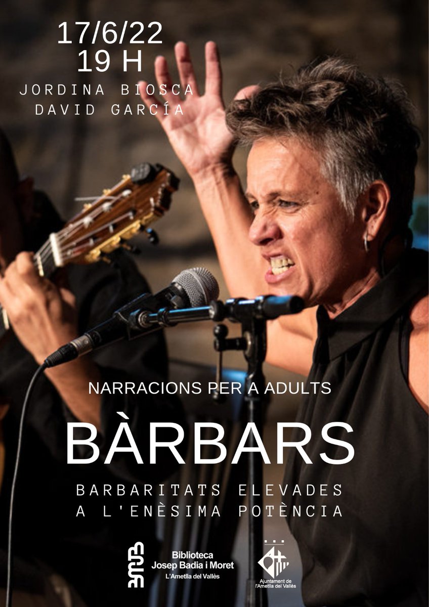 AjAmetllaValles's tweet photo. ✍️ Preneu nota:

🗣 Divendres 17 de juny, a les 19 h, la @biblioametlla acollirà l'espectacle de narracions per a adults "Bàrbars. Barbaritats elevades a l'enèsima potència", de la mà de Jordina Biosca (narradora) i David García (guitarra).

#AmetlladelVallès https://t.co/IUQaU6MTfO