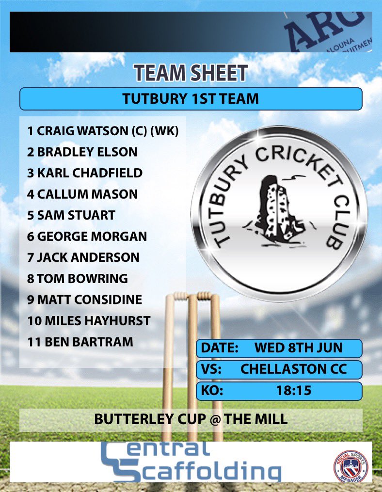 Tonight’s Team to take on <a href="/ChellastonCC/">Chellaston C.C</a> in the Butterley Cup.
Bar Open From 5:45pm. 
#TUNIT 🏏