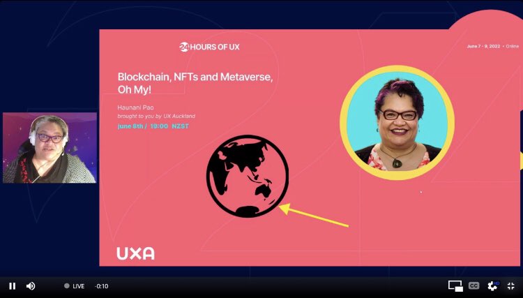 rawand250's tweet photo. Blockchain, NFTs and Metaverse, Oh My! - by @HaunaniPao from UX Auckland! #Hour3 #24HoursOfUX @24_ux https://t.co/DMRENDtrrU