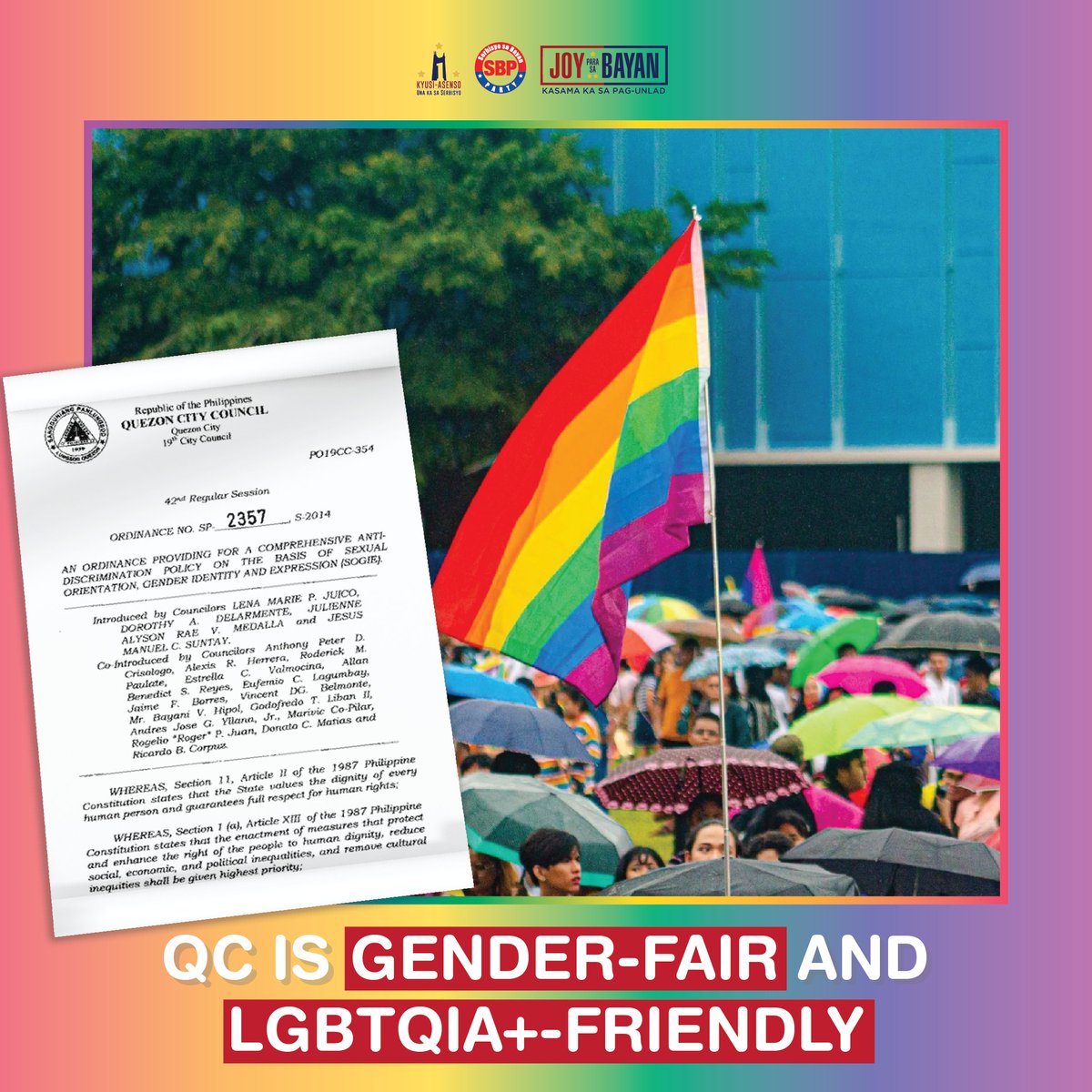 QCMayorJoy's tweet photo. Sa QC, LGBTQIA-friendly at gender-fair tayo! ❤️🌈

Halina't balikan ang isa sa mga pinaka-importanteng batas na naipasa at naimplementa sa lungsod Quezon bilang pagdiriwang ng #PrideMonth 

(1/5) https://t.co/HPMDuNHl35