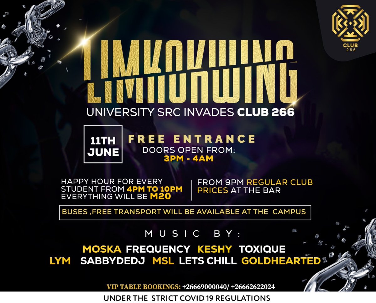 Limkokwing University SRC invades Club266 
Join our Student Party Saturday 
Pull-up in numbers as we party our week stress away‼️
Happy hour for every student from 4pm - 10pm( everything will be sold at M20)
Free Ride will be available at Campus