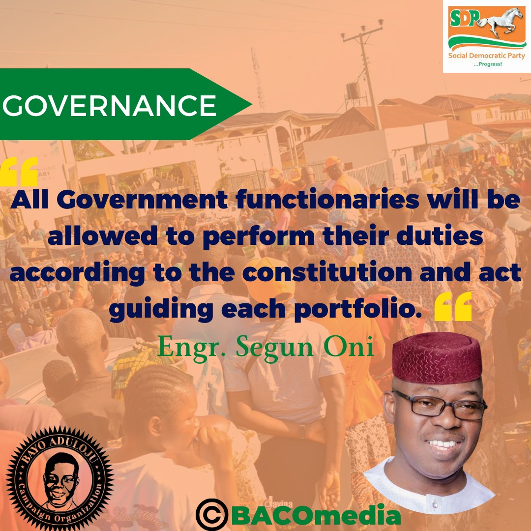 baco2023's tweet photo. EKITI 2022!

Governance:

He will provide the needed space for everyone to operate their various levels.

All Government functionaries will be allowed to perform their duties according to the constitution and act guiding each portfolio.

1/ https://t.co/V7Cd1ARAA9