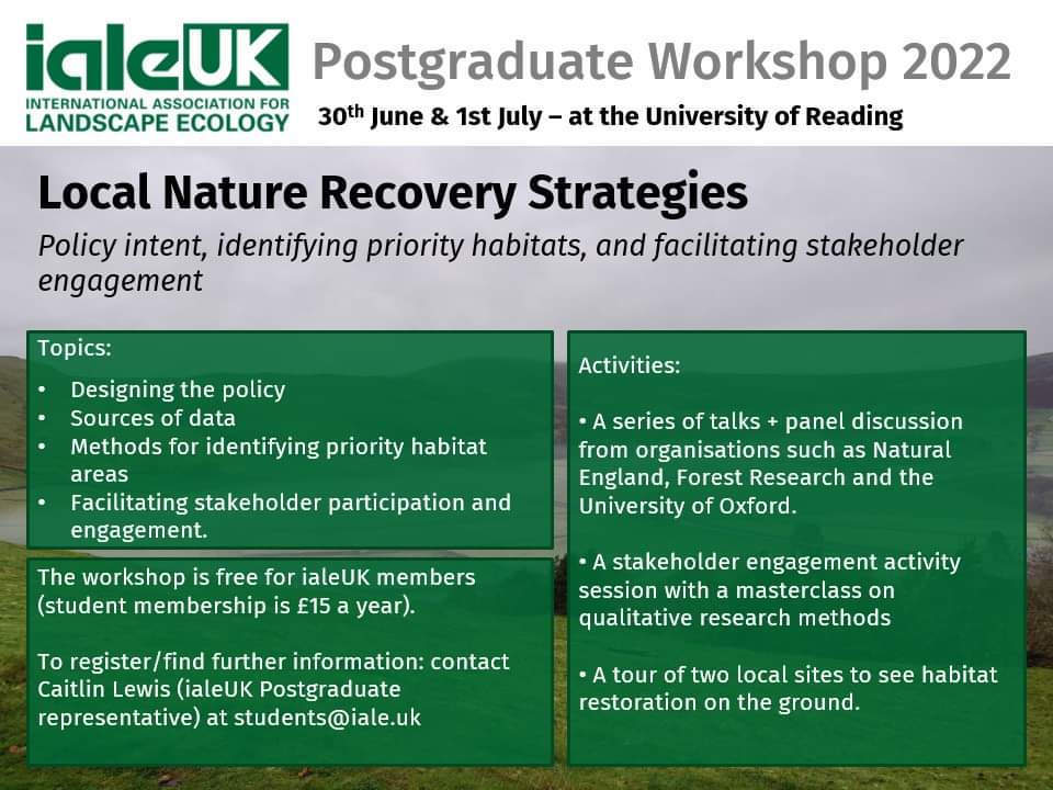 Register by the 24th June to secure your place on our PGR workshop on LNRS. All PhD and MSc/MRes students welcome! 

We will be having speakers from <a href="/NaturalEngland/">Natural England</a>, <a href="/POST_UK/">POST (UK Parliament)</a>, <a href="/FR_LUES/">Forest Research LUES Group</a>/<a href="/Forest_Research/">Forest Research</a>, <a href="/UniofOxford/">University of Oxford</a>, <a href="/UniofReading/">Uni of Reading</a>, @CotswoldsAONB and <a href="/UniKent/">University of Kent</a>.

#nature #phd #MSc