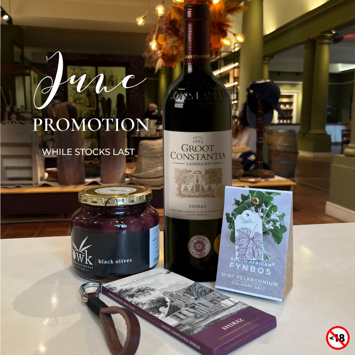 Don't miss out on our Offer! Purchase this spectacular mixed box today for only R580.

What's included?
✅1 bottle Shiraz
✅1 Shiraz Chocolate slab
✅1 jar Black olives
✅1 Fynbos Fine Salt (100g)
✅1 Stockton Key organiser

👉grootconstantia.co.za/product/winter…

#GrootConstantia #wine