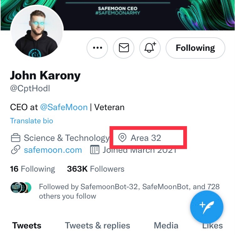 SafemoonWarrior's tweet photo. #SafeMoon CEO John Karony is in Area 32. https://t.co/oCcqymTlUL