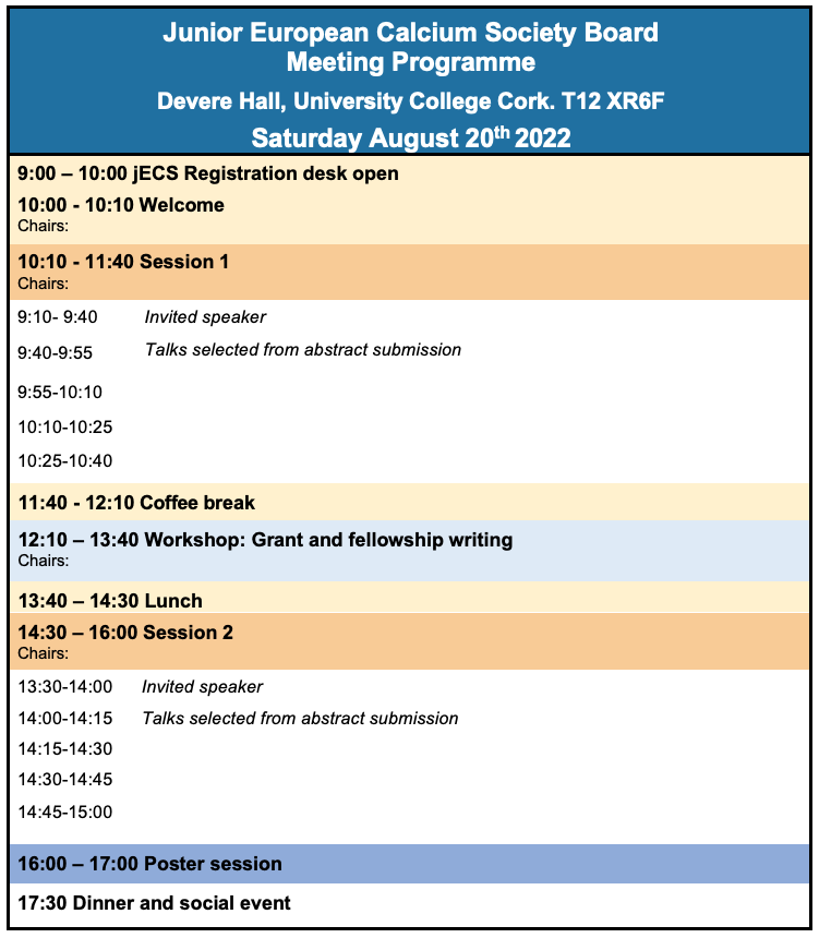 EuroCalcium's tweet image. Preliminary programme for the junior pre-meeting at #ECS2022 in Cork! We open the scene for young researchers in #Calciumsignaling to present their work in posters or orally - and there are prizes for the best presentations 🎖💥

More here: ucc.ie/en/ecs2022/pro…