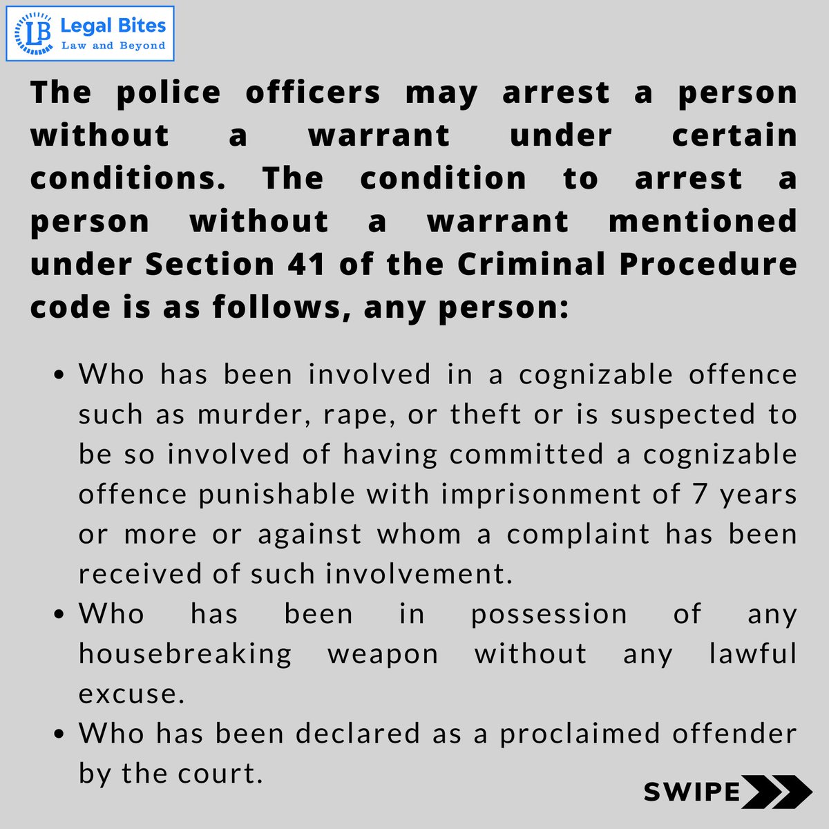 Legal_bites's tweet photo. A police officer has power to arrest a person without warrant if he is suspected of having committed a cognizable offence.
#arrest #crpc #section41 #warrant #police #crime #suspect #apnalawschool #legalbites #legalbitesacademy https://t.co/LGnNBv8PYi