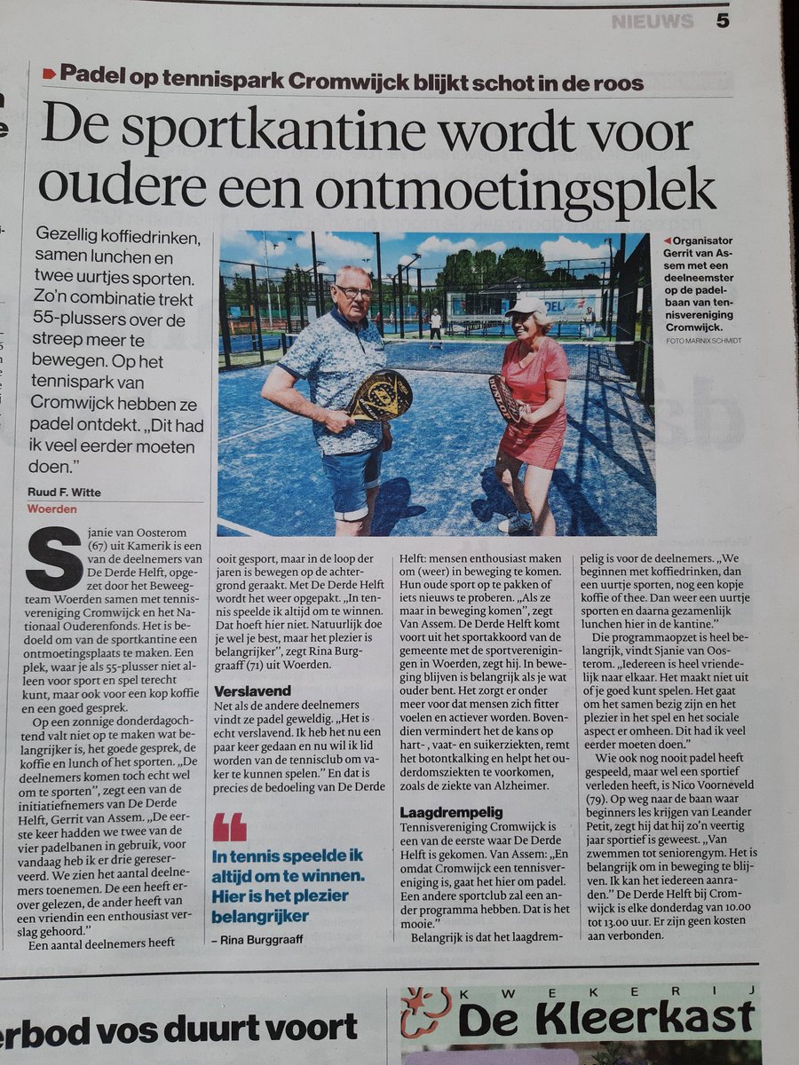 Wervend artikel in het AD Groene Hart vandaag. De Derde Helft is een  ontmoetingsplek voor senioren. #TVCromwijck @Beweeg_Woerden <a href="/Ouderenfonds/">Nat. Ouderenfonds</a> <a href="/KCsportnl/">Kenniscentrum Sport & Bewegen</a>