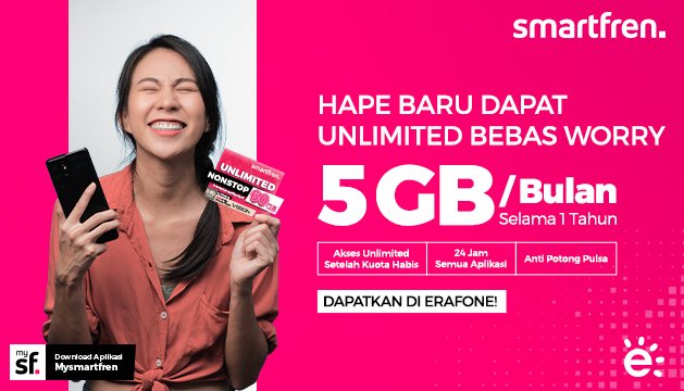 SF_Community_'s tweet photo. Hanya Hari ini, yuk beli HAPE Baru di Erafone dan Dapatkan Kuota Unlimited Bebas Worry 5GB/bulan selama Setahun.
Info detail : https://t.co/sR76q5LBIp
@smartfrenworld
#UnlimitedBebasWorry #erafonestore #SmartfrenCommunity https://t.co/Jd2GME0LqO