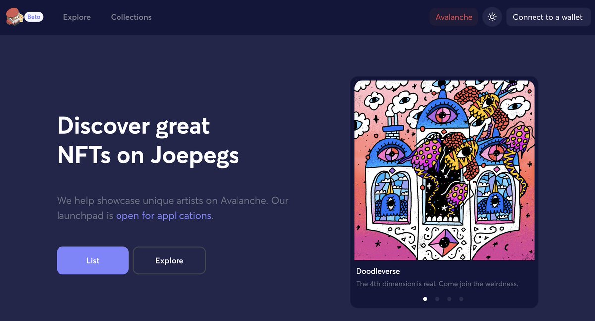 joepegsnft's tweet photo. Feature Drop ✨

New Homepage 🤌

Now showcasing premier talent on #Avalanche, making it even easier for users to access quality art. 

Happy hunting! https://t.co/i5MnVQNpwC