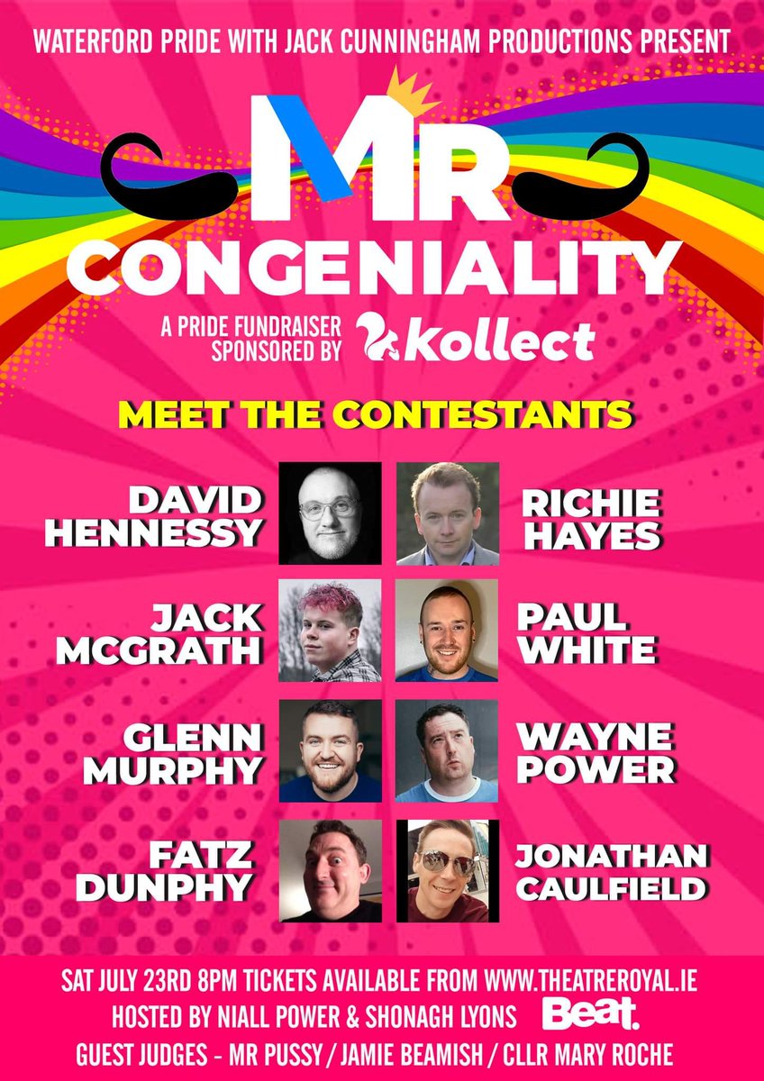 Waterford Pride presents
MR CONGENIALITY
23rd July
<a href="/waterfordpride/">Waterford Pride</a> promises comedy, fun and drag with this fundraising evening in aid of the first #Waterford #Pride since 2008. Produced by Jack Cunningham. 🎫 theatreroyal.ie/event/mr-conge… or 051 874402