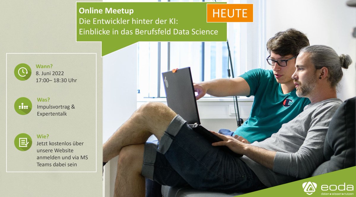 eodaGmbH's tweet photo. Heute ist es soweit: In unserem Online Meetup "Die Entwickler hinter der #KI" geben unsere Datenexperten Einblicke in ihre tägliche Arbeit, in spannende Projekte und die Einstiegsmöglichkeiten in das Berufsfeld #DataScience. 

Jetzt noch anmelden https://t.co/7LBFEG2uzy https://t.co/ta5GG0pMsK