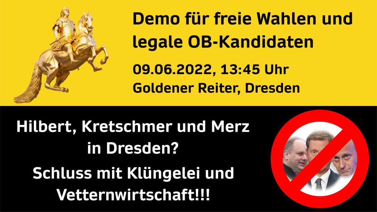 mr_marcus_fuchs's tweet photo. Sonderlocken für Amtsinhaber und Ausschluss von „unrelevanten“ OB Kandidaten auf öffentlichen Podien und Medien. Wir setzen morgen ein Zeichen für freie Wahlen und echte Demokratie!
Do 09.06.22 ab 13:45 am Goldenen Reiter.
#OBWahlDD #OBWDD22 #OBFuchs https://t.co/obgRdZRNCQ