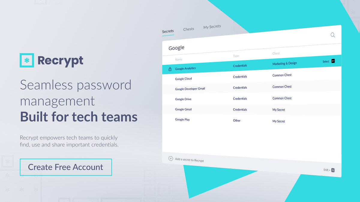 RecryptApp's tweet photo. 🔑 Seamless. Secure. Simple.
Recrypt empowers tech teams to quickly find, use and share important credentials.
🔗 Sign up for a free trial today: https://t.co/Qkep9EXAG0
#PasswordManager #PasswordSecurity #SoftwareDeveloper #Dev #CyberSecurity #Recrypt #SecurePassword https://t.co/E8v2pb6Ifo