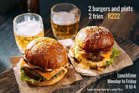 #lunchspecial Monday to Friday
⏲️ 11 til 4pm
2 ➡️ 🍔 cheese &amp; guacamole burgers
2 ➡️ 🍟 fries
2 ➡️ 🍻 Jack Black lager pints
🫰 ➡️ R222 
t&amp;c's