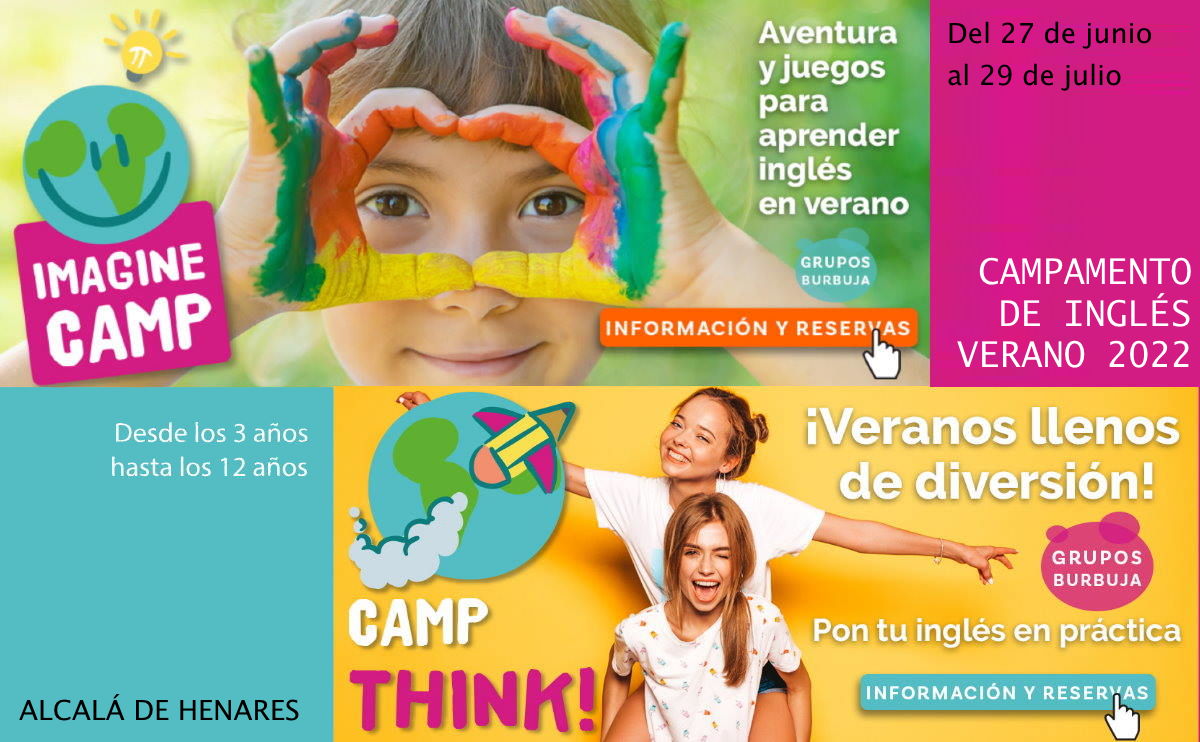 CAMPAMENTOS de inglés "IMAGINA CAMP" (niños 3-6 años) y "THINK CAMP" (niños 7-12 años) en LEARN AND PLAY de Alcalá de Henares. Desde 27 junio al 29 julio, muchas actividades y juegos para practicar el inglés. Contratación por semanas, solicita reserva alcalaylosniños.es/busco/campamen…