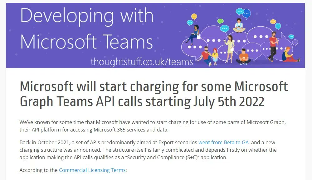 tomorgan's tweet photo. Microsoft will start charging for some #MicrosoftGraph #MicrosoftTeams API calls from next month. Here's which ones, and what to do about it: https://t.co/oTr8rKZ9Kd https://t.co/1XfDG29B0H