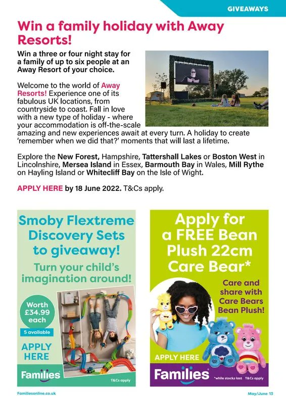 Win a family holiday! We've teamed up with Away Resorts and have a three or four night stay for a family of us to six people up for grabs! Apply by 18 June to be in with a chance. T&amp;Cs apply.  buff.ly/3mocjGY
