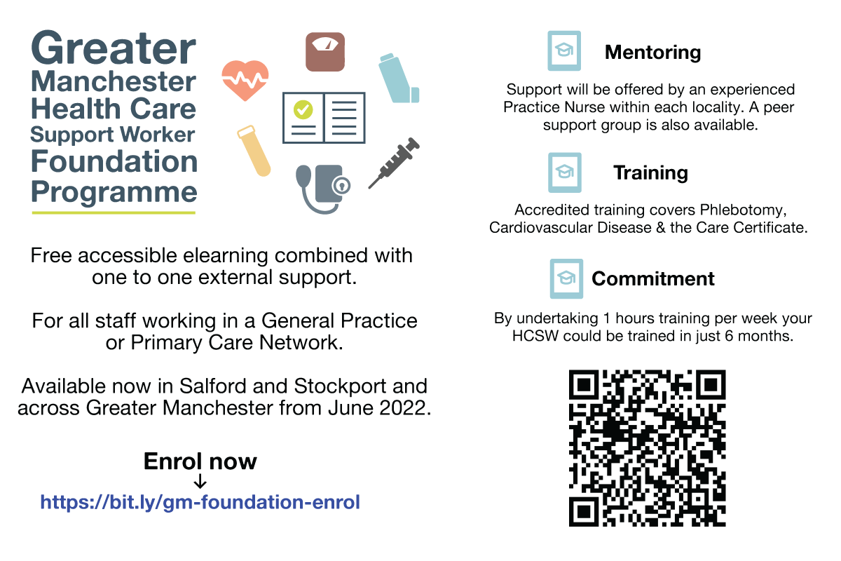 PrimaryCareGM's tweet photo. 📢 Calling all staff in #GeneralPractices in #Salford, enrol on the GM Health Care Support Worker Foundation Programme to get free accredited elearning
👇
https://t.co/ztmzgdaykC

@DrAliLea @roylepryor @gillylee @GPExcellenceGM @PrimaryCareExc @boltongpfed @GMNurses https://t.co/m1YJHzo86H