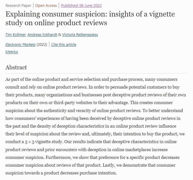 Journal_EM's tweet photo. New research on 'Explaining consumer suspicion: insights of a vignette study on online product reviews', by Tim Kollmer, Andreas Eckhardt @uniinnsbruck & Victoria Reibenspiess @WSUPullman https://t.co/ecYaeMj0AK #DigitalMarketing #OnlineReviews #productreviews #purchasingbehavior https://t.co/sAc3wLa3v9