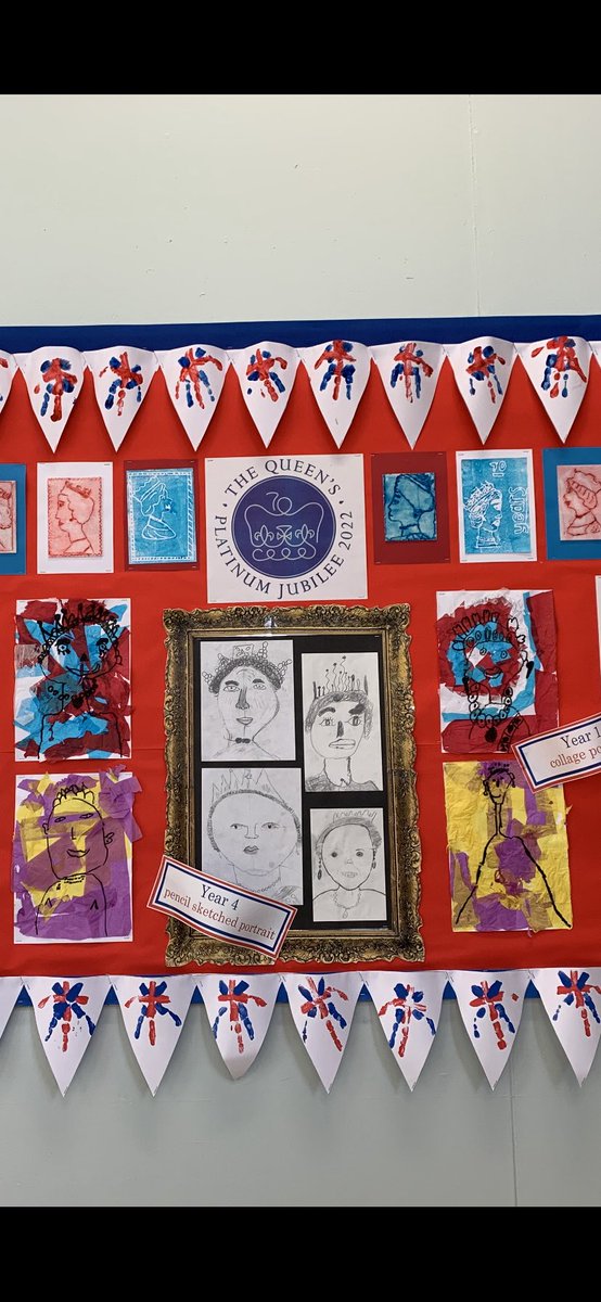 GreystokePS's tweet photo. In celebration of the Queen’s Diamond Jubilee all year groups took part in an art project with spectacular results! Skills included finger painting,collage, pencil sketching,water colours, tile printing, pastel portraits and clay busts! Wow! Thank you so much @GPSMissPullen https://t.co/fG7I1ElpkG