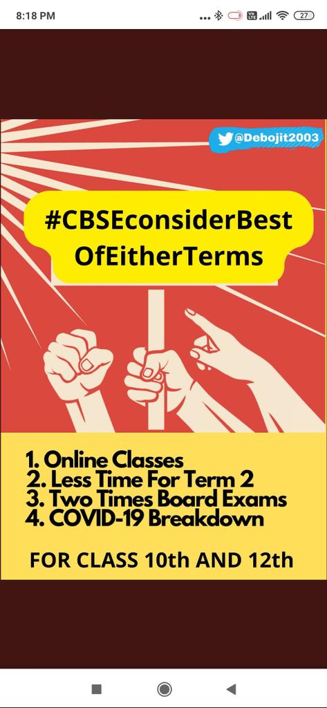 AnkitKu46021005's tweet photo. Everyone plz use this hashtag
We want #CBSEconsiderBestOfEitherTerms
Get it on top in trending.
Our demand is genuine. https://t.co/VYQouoqDUt